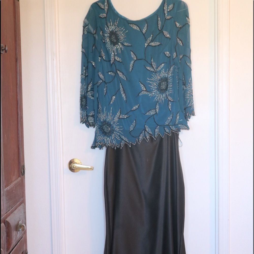 Blue and Black Beaded top with full length satiny skirt. Wedding, New Years eve
